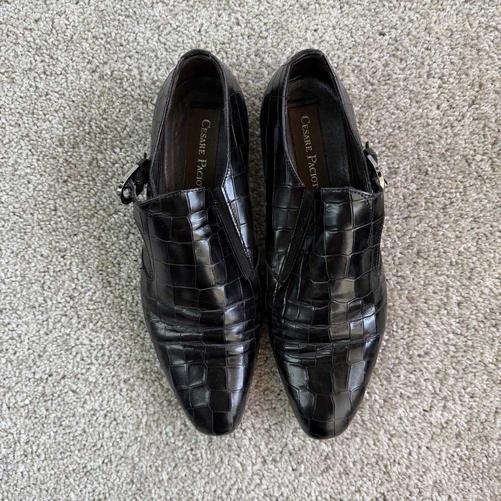 Cesare Paciotti Monk Strap Shoes Mens Size 6 Black Leather Dress Square Toe